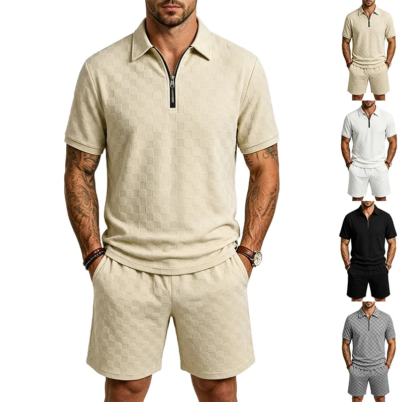 Conjunto de Polo y Pantalones Cortos de Verano para Hombre con Textura Cuadriculada, Suelto, Transpirable, con Cordón Ajustable, Ideal para Vacaciones en la Playa, Atuendo Casual de Dos Piezas