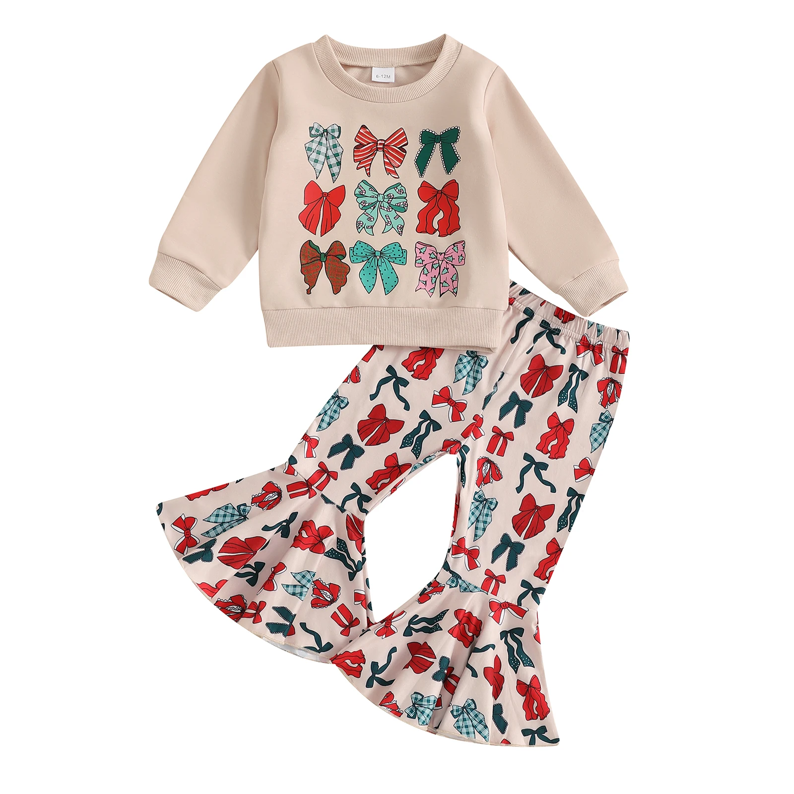 

1-4Years Kids Baby Girl Christmas Outfits Fashion Autumn Bow Print Long Sleeve Sweatshirt with Flare Pants 2Pieces Toddlers Sets