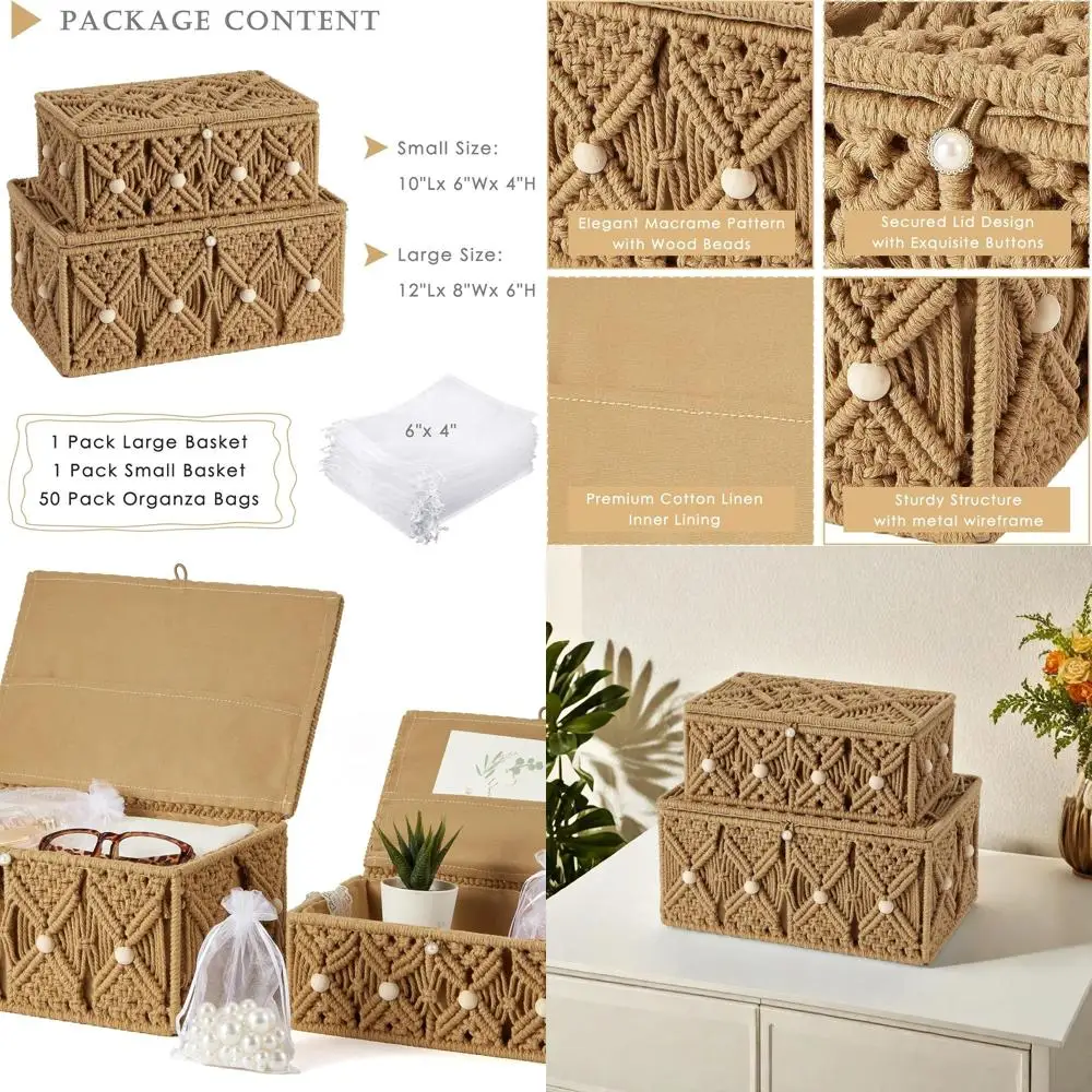 

Macrame Boho Storage Baskets with Lids - Natural Cotton Jewelry Boxes for Makeup & Organizing (Khaki, 1 Large, 1 Small)