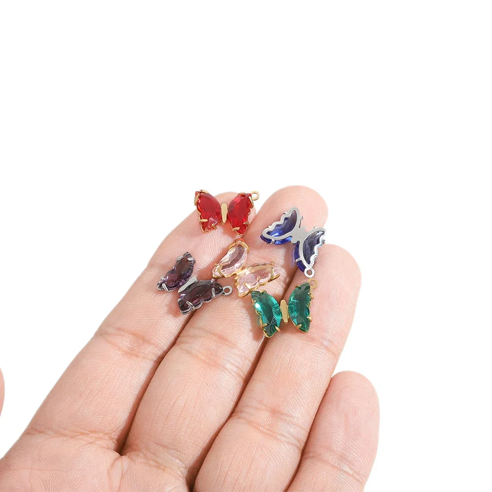 5 Stück Edelstahl- und transparente Kristallglas-Schmetterlingsanhänger für DIY-Mädchen-Schmuck, Halsketten, Charms, Zubehör und Ohrringherstellung – Detail 4