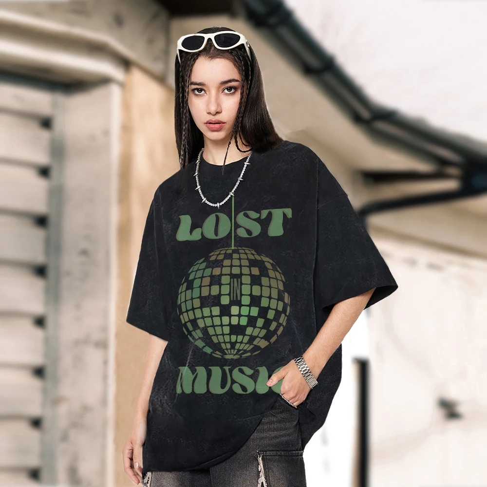 

Y2K Clothes Lost Music Tee 100% Cotton, High-Quality Oversize Washed Tee. Disco Ball “Lost Music” Print, Groovy Y2K Trend