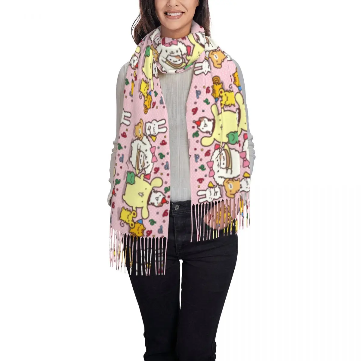 Custom Pompom Purin Cartoons Anime Tassel Scarf Women Winter Warm Shawls Wraps Ladies Scarves