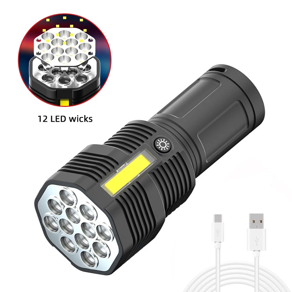 

High Power 12 LEDS Flashlight USB Rechargeable Powerful LED Flashlight Super Bright Waterproof Hand Flashlight COB Camping Light