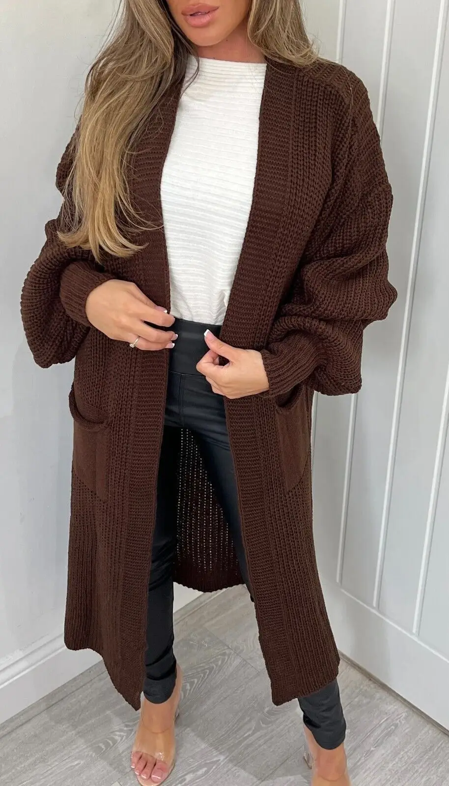 Women’s Oversized Knitted Coat Balloon Sleeves Longline Cardigan Solid Colors