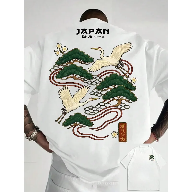 Summer  Pure Cotton Men's Casual Loose Minimalist Japanese Crane Print Round Neck Short Sleeved T-shirt Versatile Top