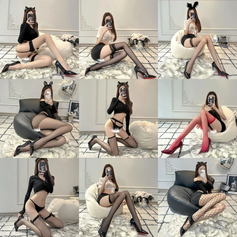 

Black Silk Sexy Stockings Open Crotch Sexy Flirting Bed Tearable Stockings Adult Hollow Fishnet Socks plus Size Garter Belt