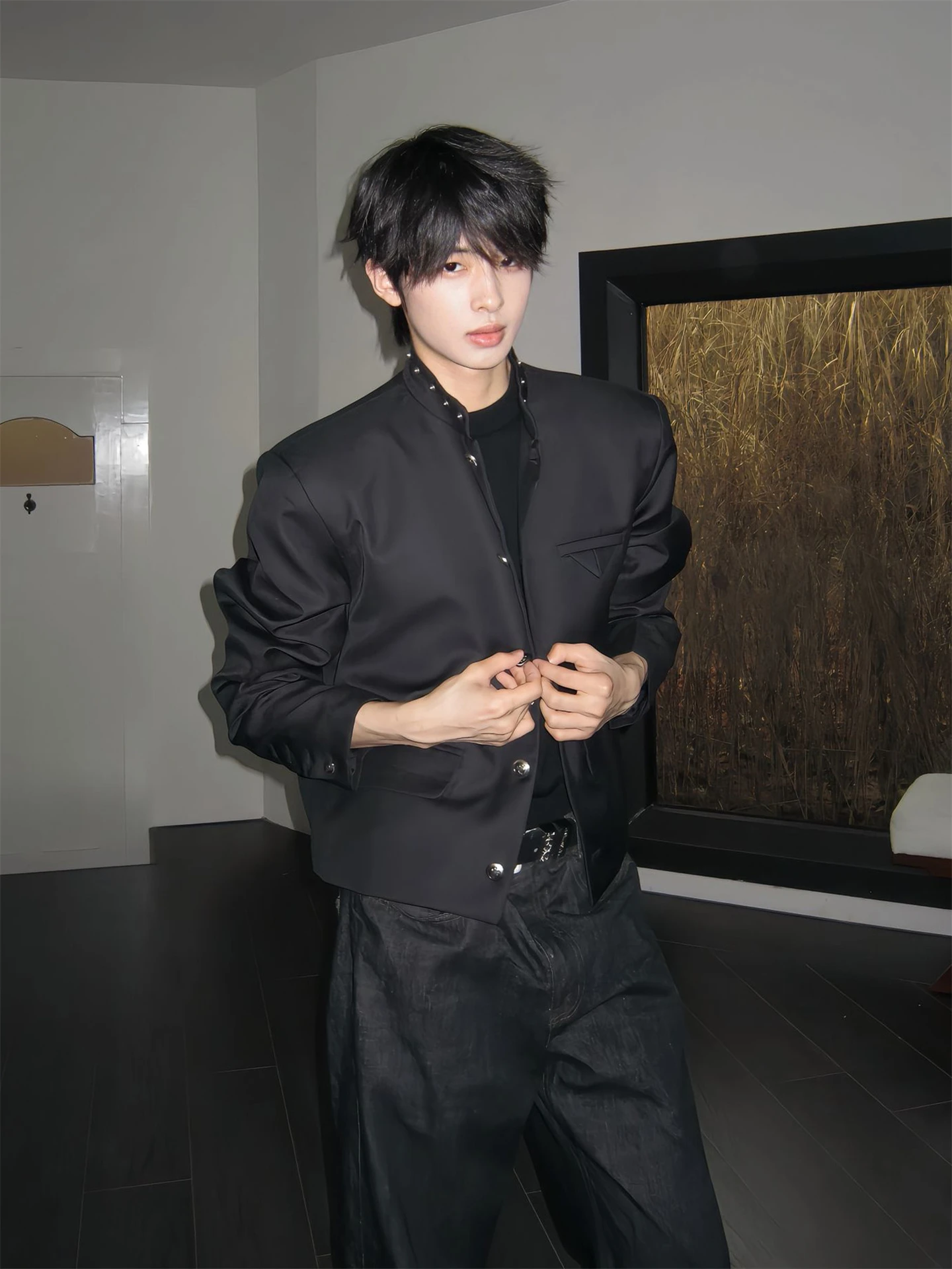 Black Short Suit Jacket Men's Autumn Casual American Style Stand Collar Deconstructed Fashion Youth Popular Loose Fit Jacket