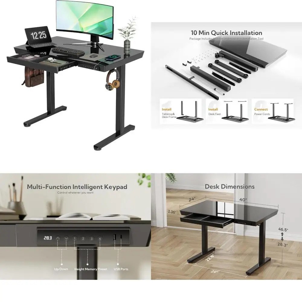 Mesa de pé com tampo de vidro ajustável de 40 polegadas com gavetas e portas de carregamento USB para uso em escritório doméstico