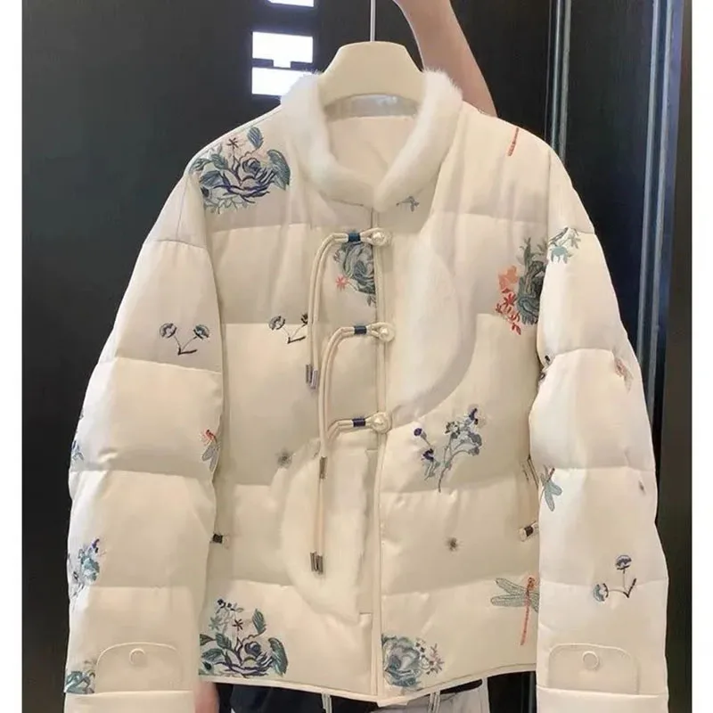 

Китайское утепленное хлопковое пальто, женское повседневное теплое пальто с длинным рукавом и пуговицами в виде лягушки, белая жаккардовая верхняя одежда с меховым воротником
