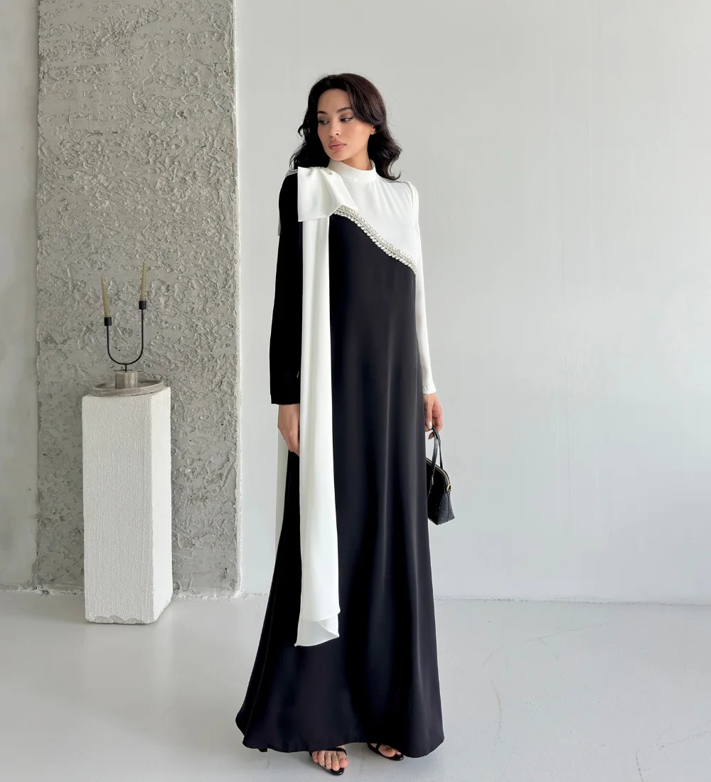 

Customized Modest Matching Jersey Pleat Rhinestone A-line High Collar Long Dresses Evening Dresses for Woman Sizes Available