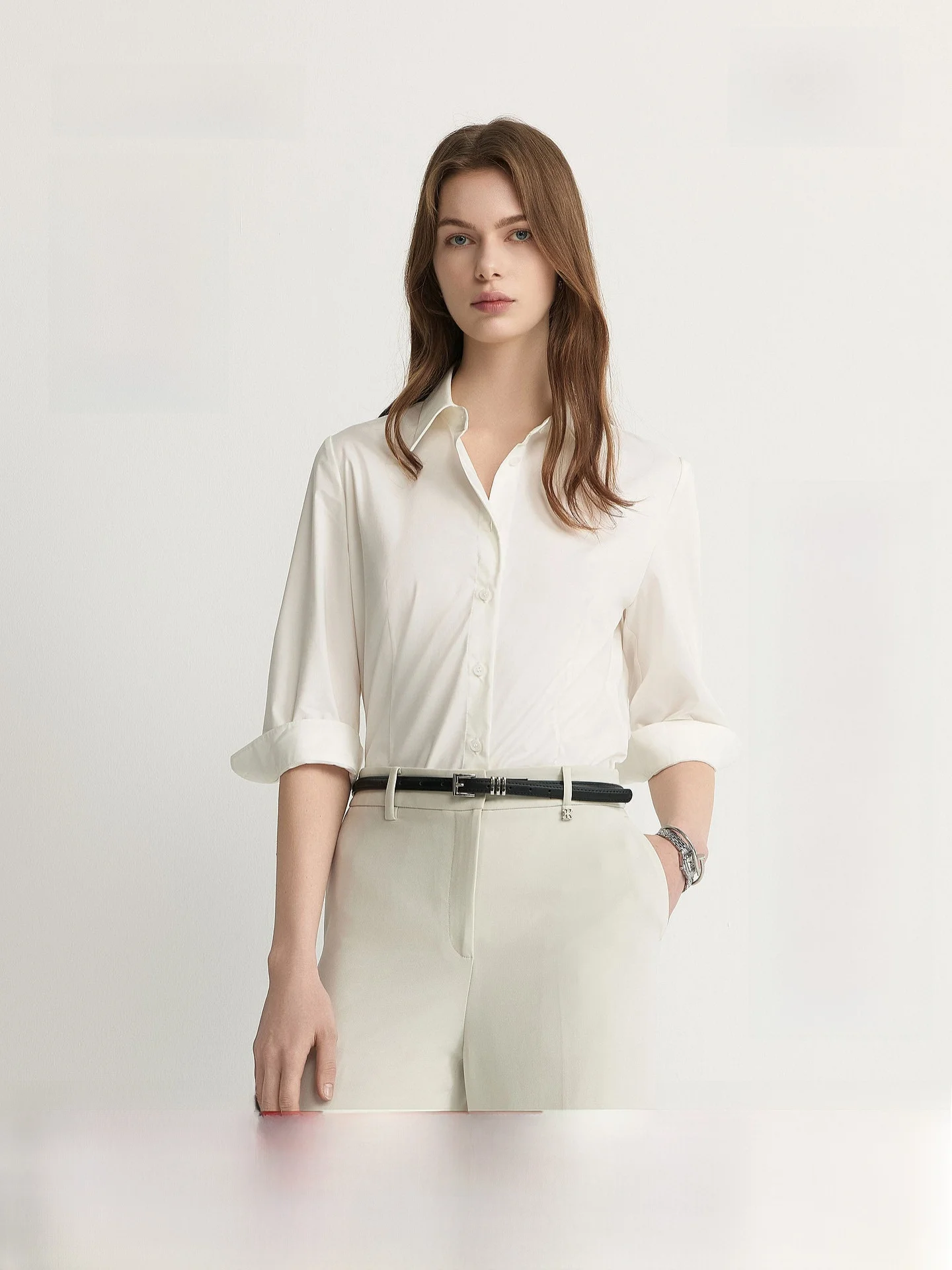 PRICH Business Commute Style Shirt Women's Pure Color Slim Fit Seven Sleeve Tops Gather Waist Office Workwear Summer New
