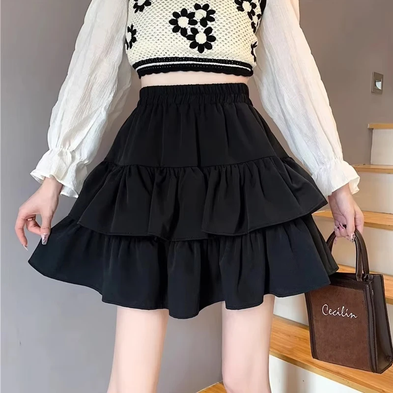 

2024 Y2K Miniskirt Summer New Flounces Black Skirt Women's Cake Skirt Loose Ruffle Casual Style Girls Layered Short Skirts falda