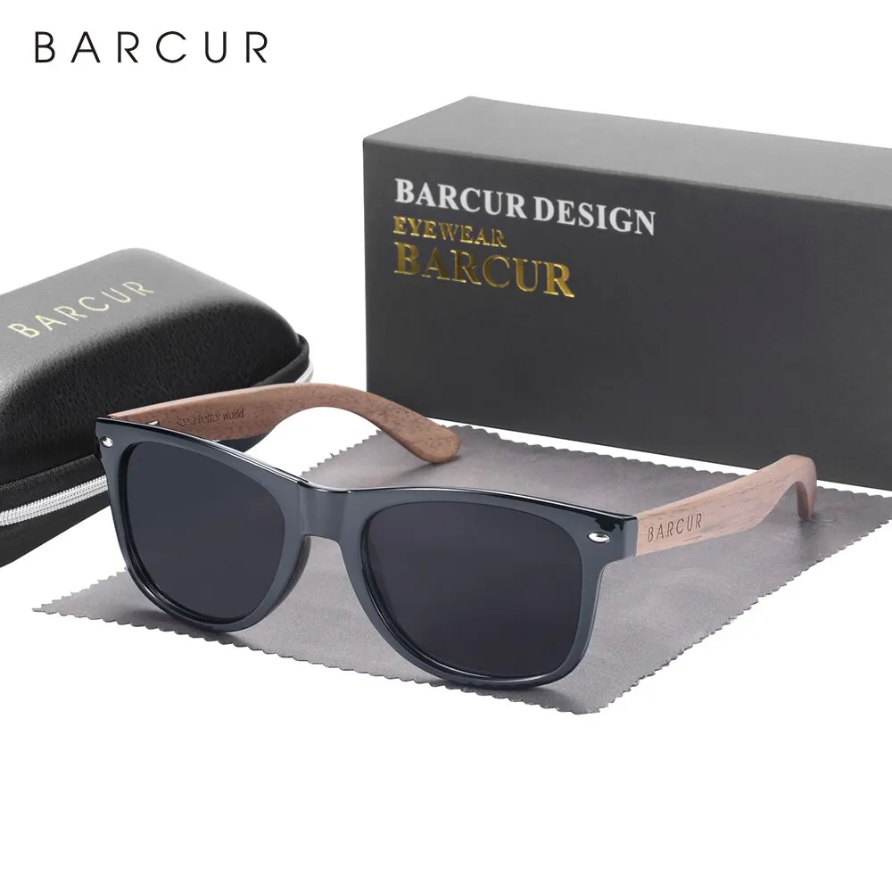Barcur natur holz sonnenbrille polarisierte herren sonnenbrille schwarz walnuss brille uv400 schutz