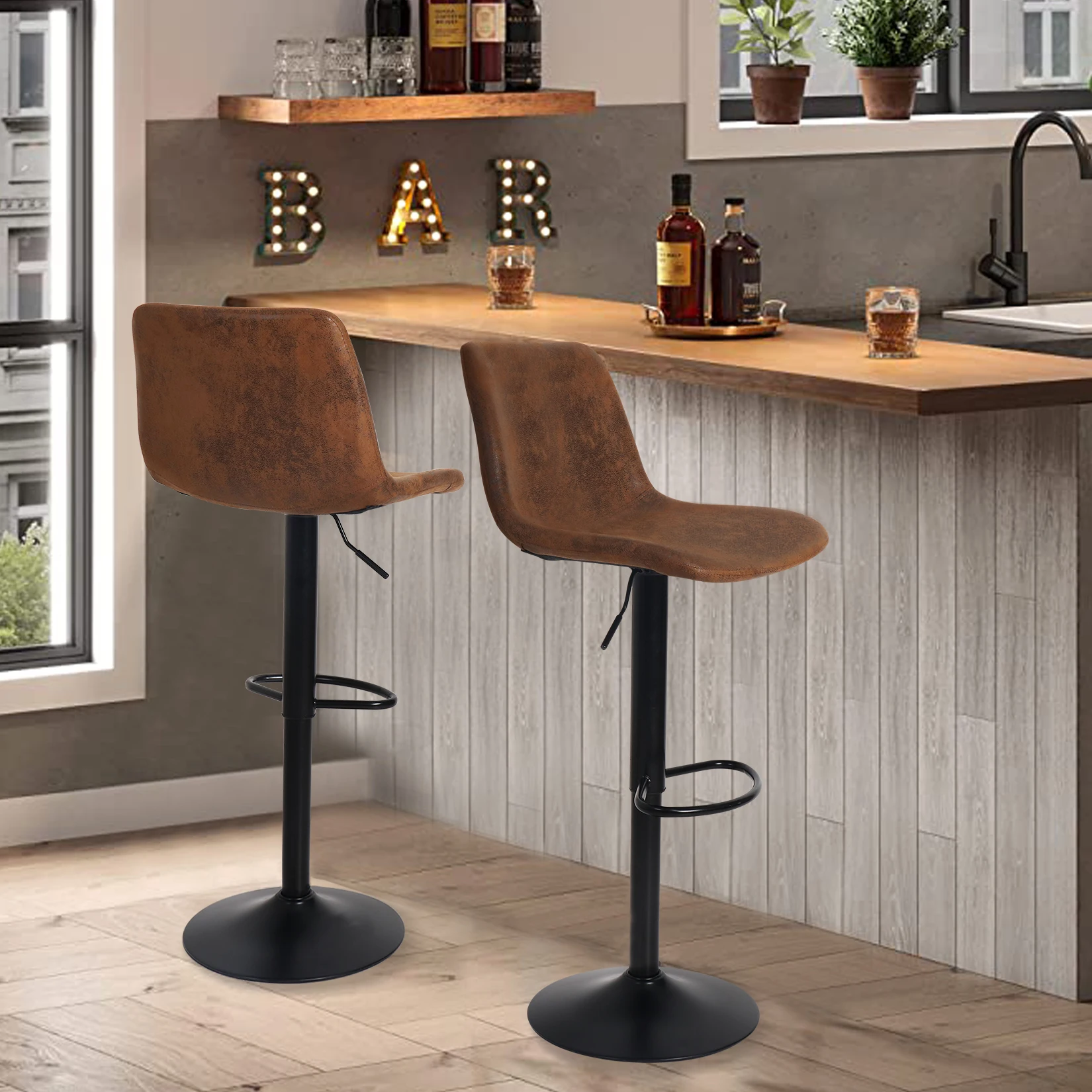 Set of 2 Bar Stools  Swivel Barstool Chairs with Back, Adjustable Height Bar Chairs, Modern Pub Kitchen Counter Height