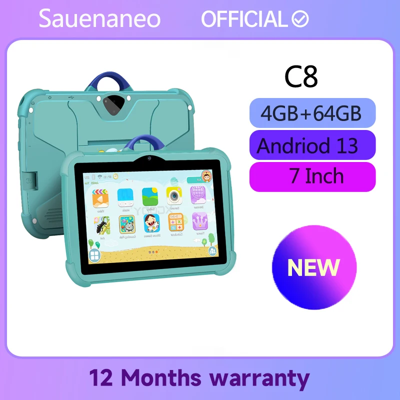 Sauenaneo-Tablet Infantil, 4GB de RAM, 64GB ROM, WiFi, 5G, Estudo, Educação, Quad Core, Google Play, Presente, 4000mAh, 7"