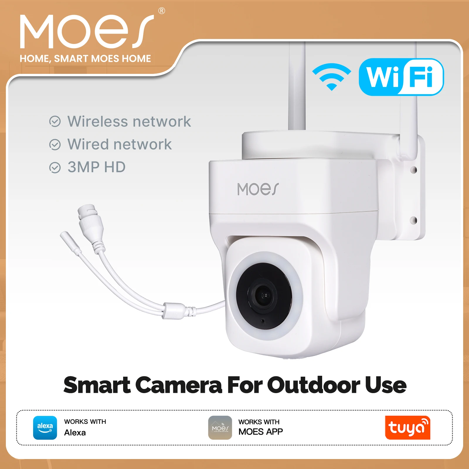 

MOES Tuya WiFi 3MP умная камера безопасности с поддержкой беспроводной и проводной сети RJ45 IP65 водонепроницаемый отслеживание движения полноцветный ночной