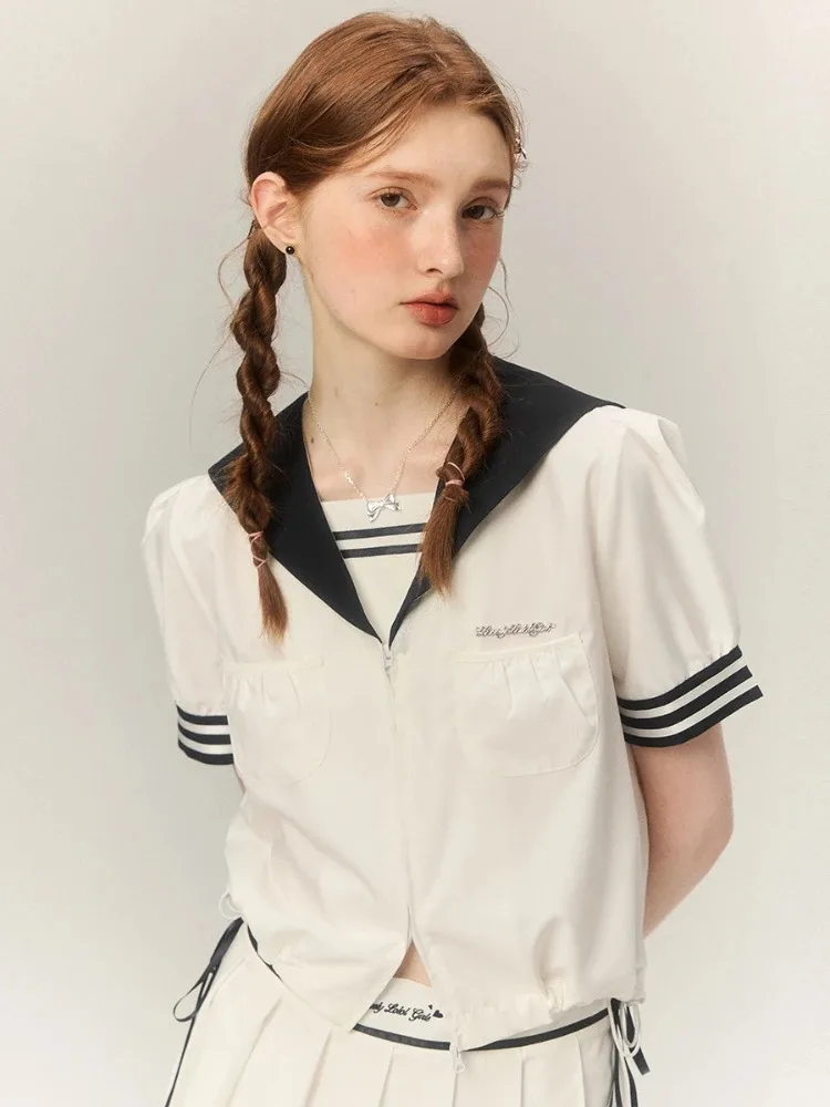 ADAgirl Retro Sailor Collar Blouse Women Preppy Style Puff Sleeve White Shirt Zipper Kawaii Cute Girl Aesthetics Uniform Clothes