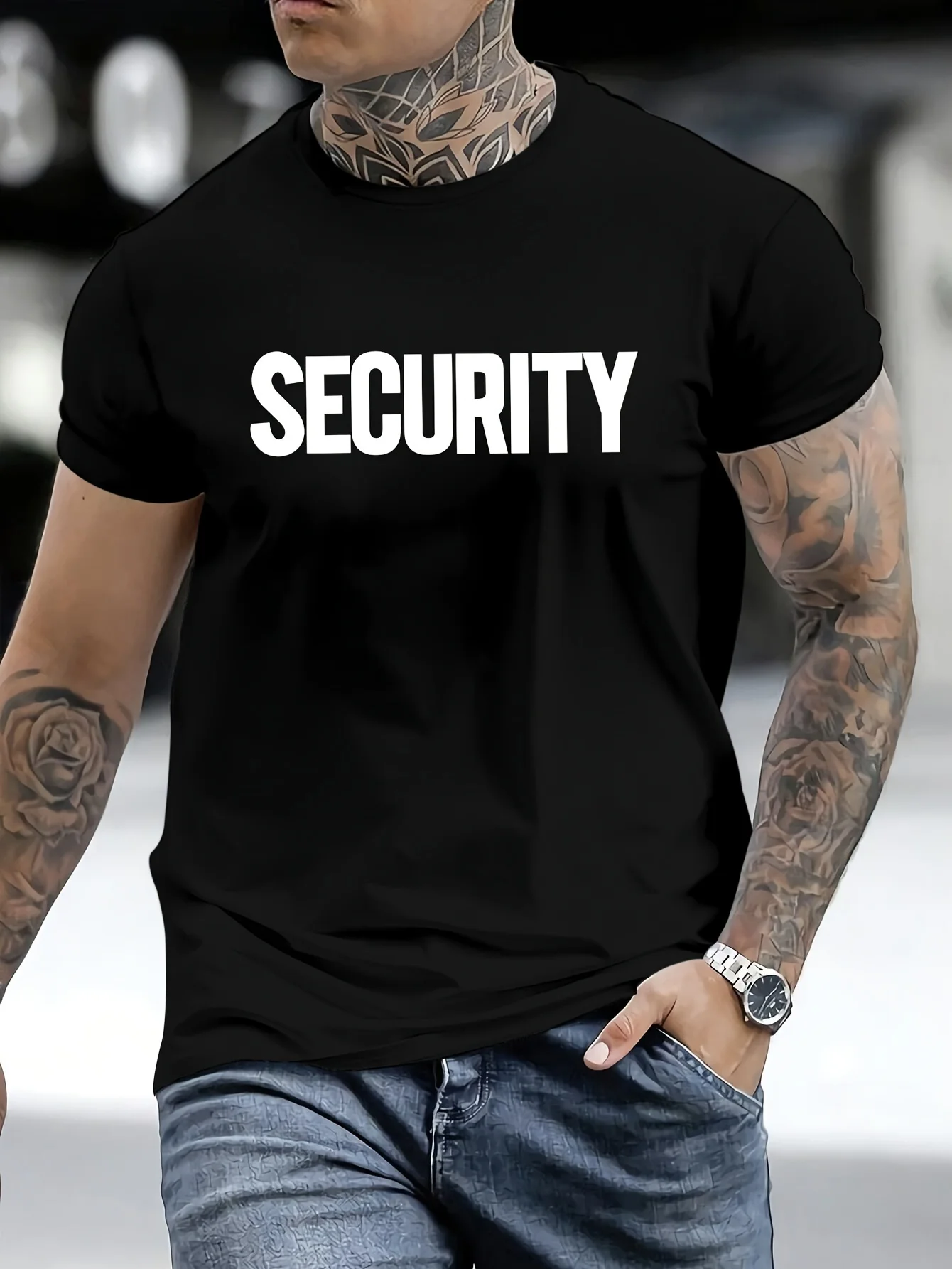 

Security Print Men's T-Shirt - Casual Street Style, Stretch Cotton Crew Neck Short Sleeve