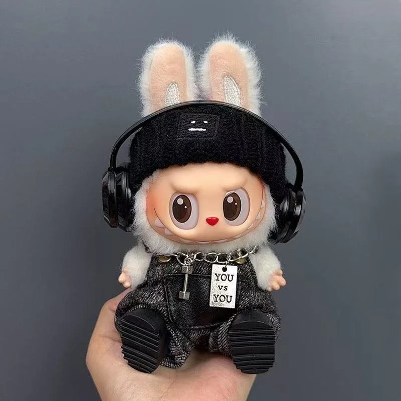 

For Labubu Doll Clothing Trend Street Fashion Suspender Pants Dolls Dress Up Hair Band//Earphones/Necklace/Shoes 5-Piece Set