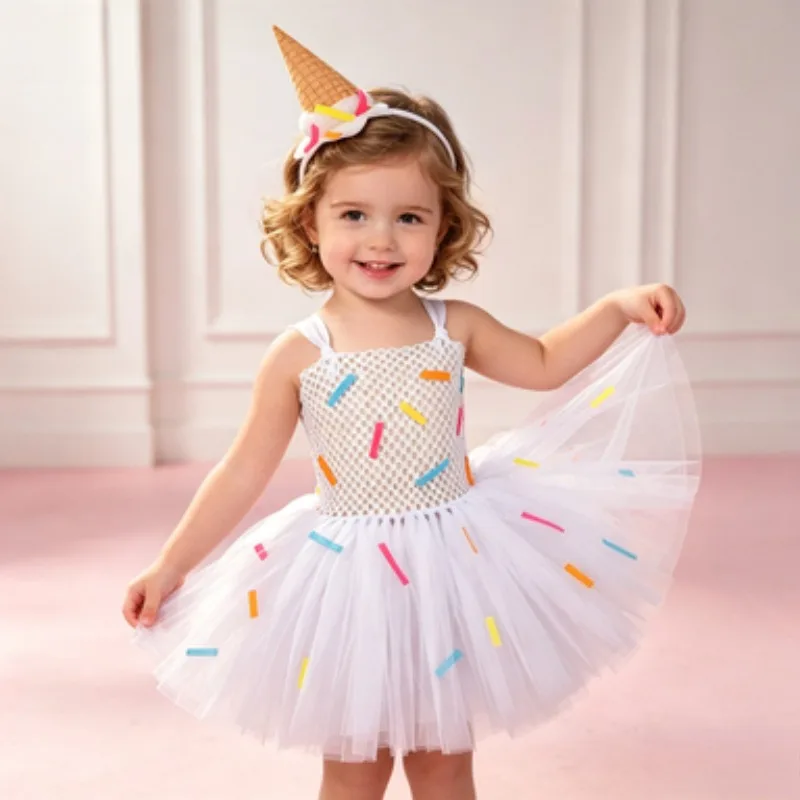 New Arrival Kids' Ice Cream Cone Fluffy Dress, Cute Little Girl Mesh Bubble Puffy Skirt Set, Sweet Princess-Style Party Gown