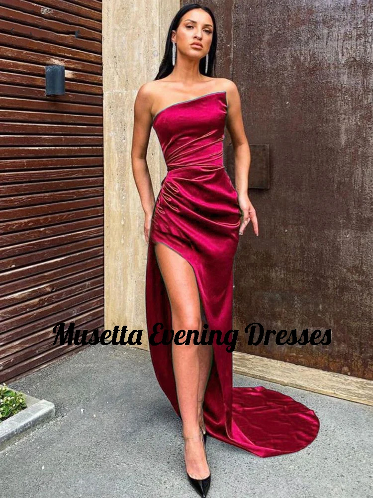 Sexy Strapless Satin Stretch Evening Gown For Women Elegant Ruffle Side Slit Backless Prom Dress SweepTrain Vestidos De Noche