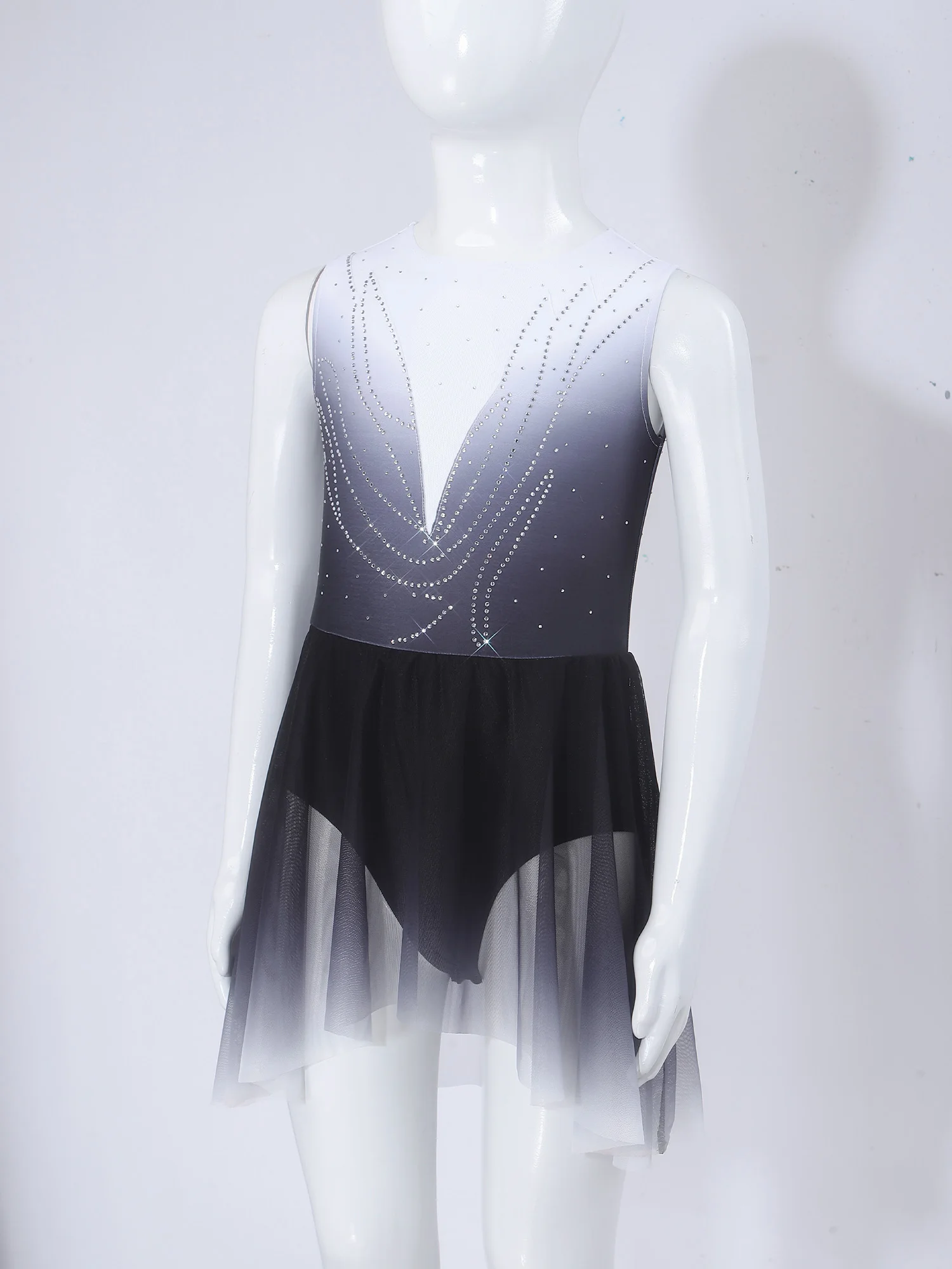 Kids Girls Roller Figure Skating Dress Rhinestones Gradient Ballet Leotard Sleeveless Irregular Mesh Rhythmic Gymnastics Outfit