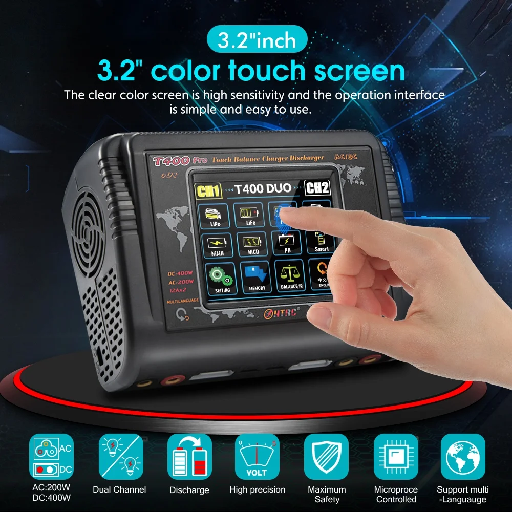 HTRC T400 Pro DUO 電動バッテリー充電器 400W DC/200W AC 12Ax2 RC充電器放電器 LiHV LiFe Li-lon LiPoバッテリー対応