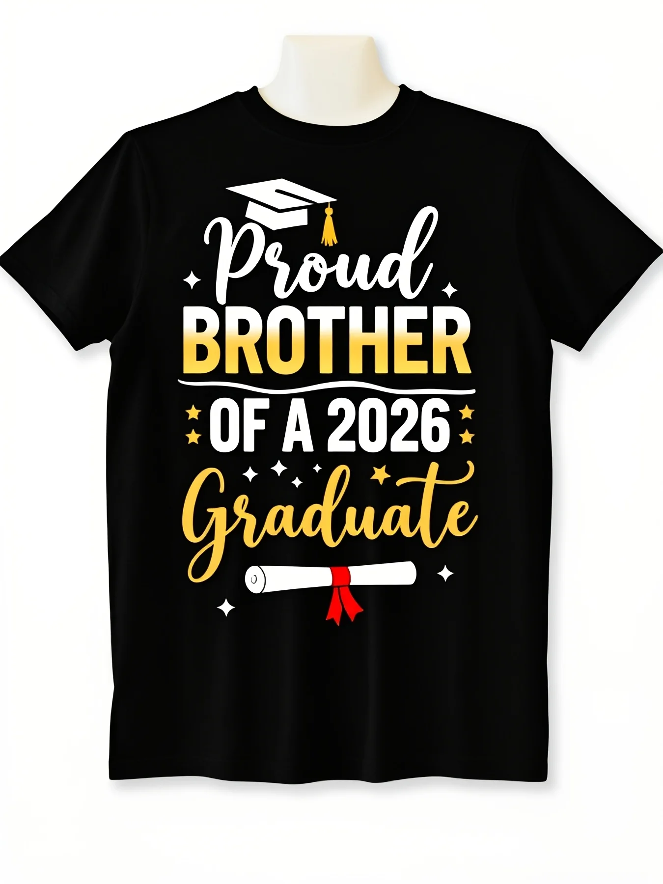 Proud Brother Of A 2026 Graduate Plus Size T-Shirt Black Casual Tee With Graduation Cap Graphic Bold Yellow 'Brother' Text And Graduation Diploma Design Ideal Gift For Siblings Crew Neck Retro Casual Short-Sleeved T-Shirt With Round Neck and Printed