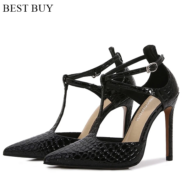 

Customized black beige snaker Leather High Heel Shoes Sexy Pointed Toe Ankle Strap cut out Women Pumps Thin Heels Dress Shoes