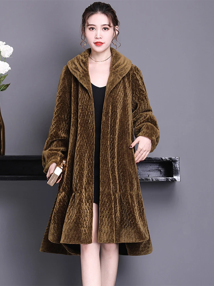 Nerazzurri Winter Skirted Oversized Real fur coat women 2021 Runway Stylish Sheep Fur Jacket Warm Soft Sheared Lamb Fur Overcoat