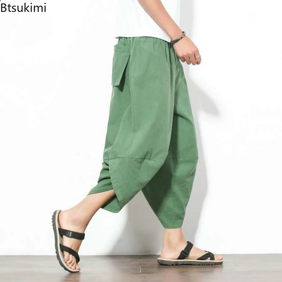 Summer Men's Cotton Linen Harem Pants Casual Hip Hop Streetwear Chinese Style Baggy Bloomers Calf-Length Pants for Men Clothing