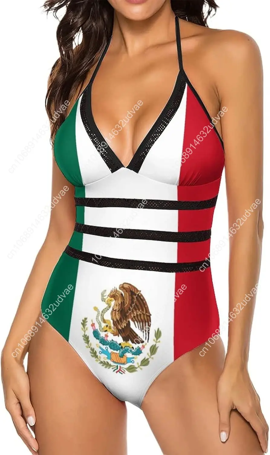 สตรี One Piece ชุดว่ายน้ําเม็กซิโกเม็กซิกันธง V คอตาข่ายชุดว่ายน้ํา Monokini
