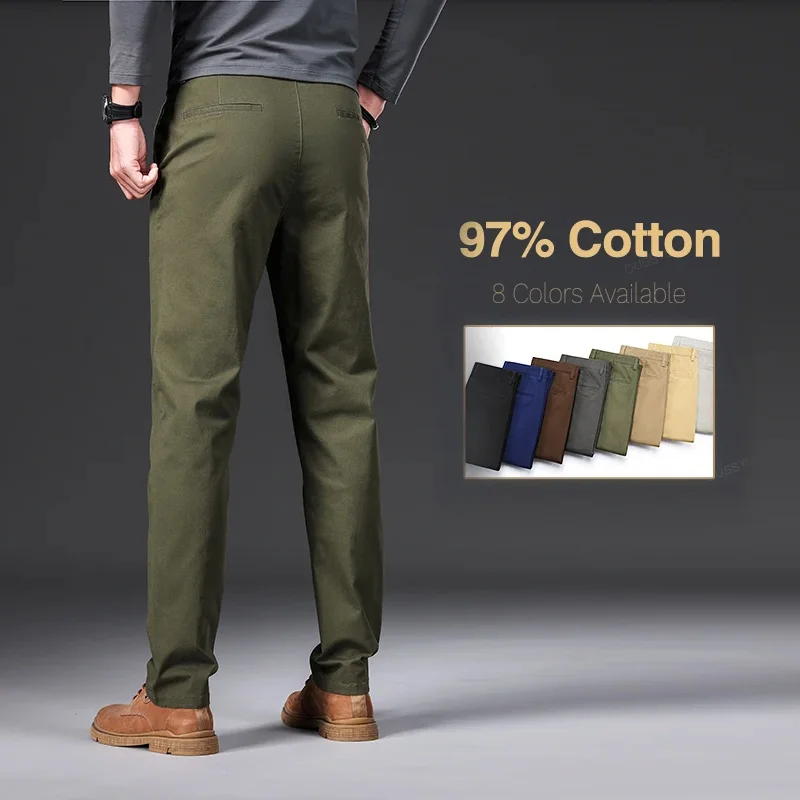 Pantalones Casuales de Hombre de Buena Calidad, 97% Algodón, Cintura Alta Elástica, Corte Recto, Estilo Chino, Color Caqui/Gris, Primavera/Verano