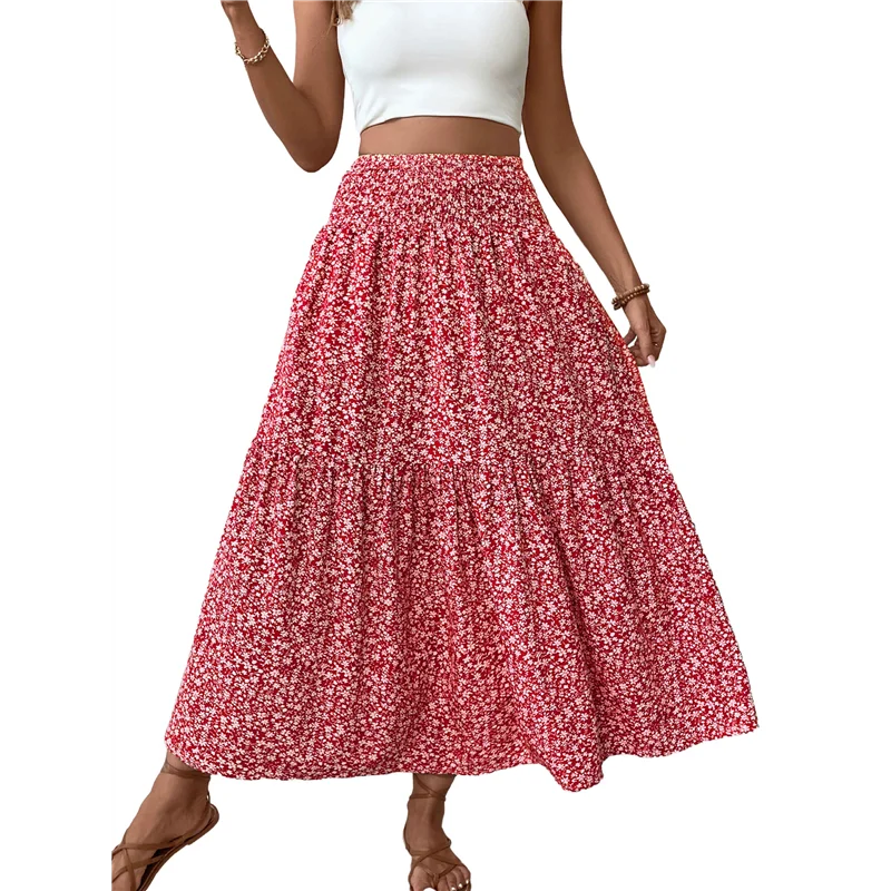 

ABRT-Women's High Elastic Waist Midi Skirt Casual Summer Trendy Flowy Ruffle Floral Print A Line Skirts