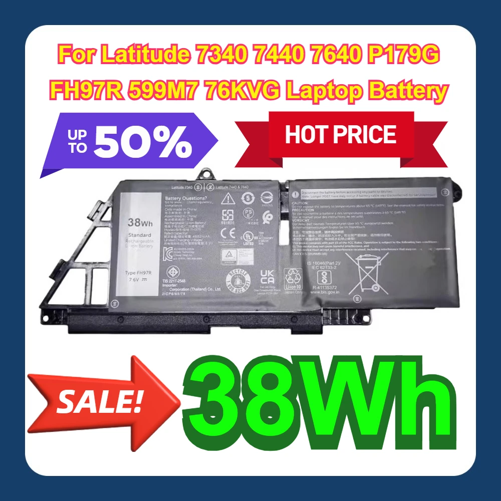 

For Latitude 7340 7440 7640 P179G 38W FH97R 599M7 76KVG Laptop Battery