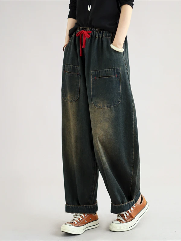 Retro Patchwork Straight Leg Casual Pants Women's Loose Elastic Waist Slimming Blue Jeans Autumn Fashion Ladies' Trousers