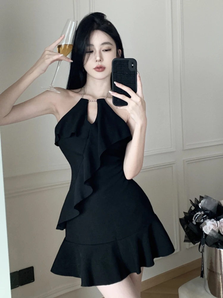 Halter Mini Dress Women Backless Sexy Clubwear Ruffles Slim Aesthetic Trendy Designed Summer French Style Off-shoulder Vestidos