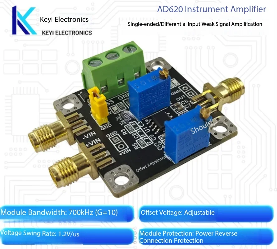 AD620 Instrumentation Amplifier Module MV/uV Weak Signal Amplification Factor Adjustable Single-Ended Differential Input