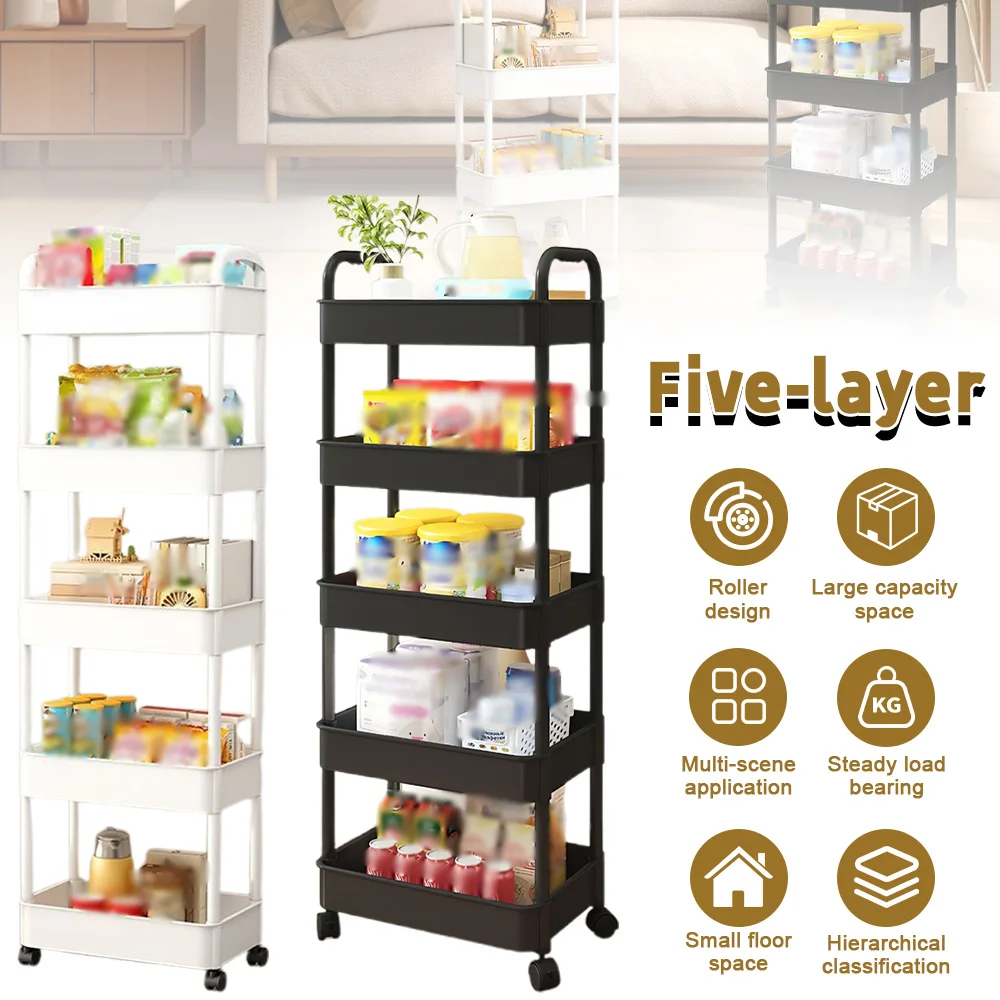 Chariot de rangement mobile à 5 niveaux, chariot utilitaire en plastique avec roulettes et poignée, étagère organisatrice polyvalente pour la cuisine, la salle de bain et le bureau, panier creux pour une meilleure ventilation, roulettes verrouillables, disponible en blanc/noir, unité d'étagères mobiles peu encombrante.