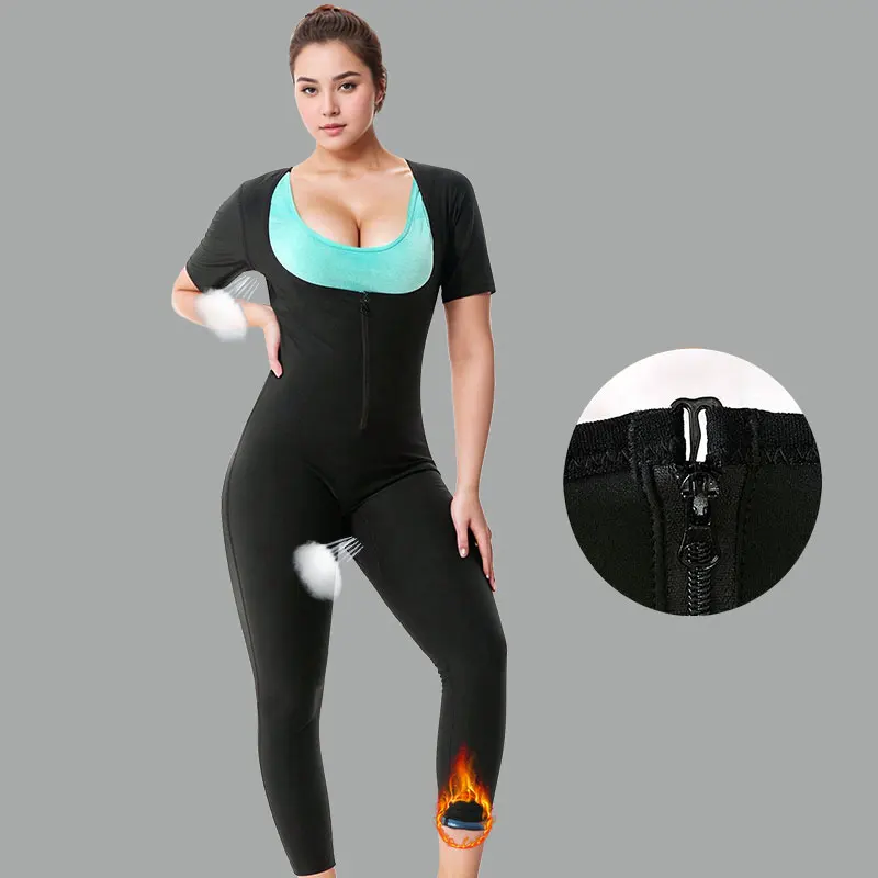 Women's Full Body 3-In-1 Sauna Sweat Suits Short Sleeve Pants Slimming Jumpsuits Weight Loss Slimming Shaper Waist Trainer