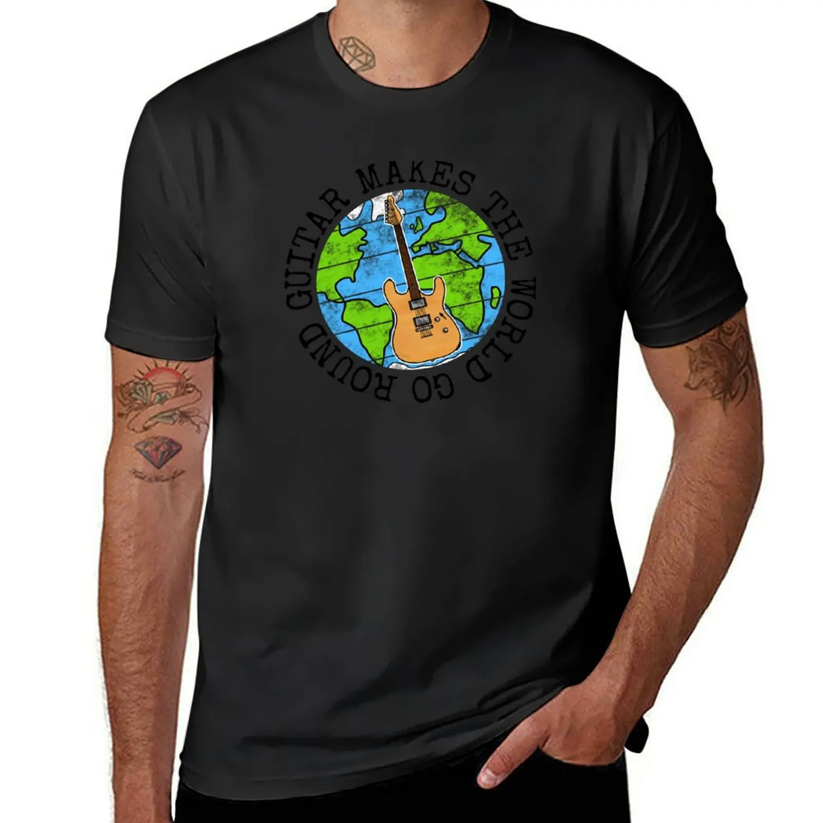 

Guitar Makes The World Go Round, Electric Guitarist Earth Day T-Shirt Blouse plain tops Men's t-shirt