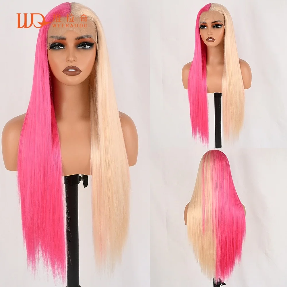 28-inch-split-dye-lace-front-wig-blonde-and-pink-half-and-half-straight-13x4-lace-frontal-glueless-heat-resistant-synthetic-wig