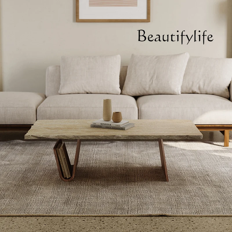 

Minimalist solid wood travertine coffee table small apartment living room household rectangular luxury stone medieval retro