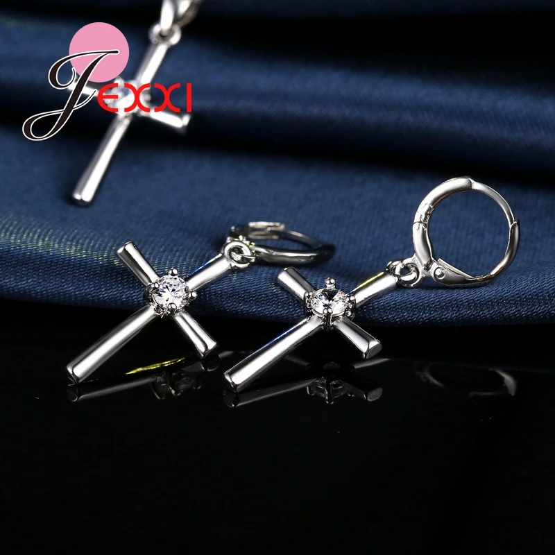 Classic Cross Shape Necklaces Earrings Set For Party Jewelry Fashion Cubic Zircon 925 Sterling Silver Bridal Wedding Set