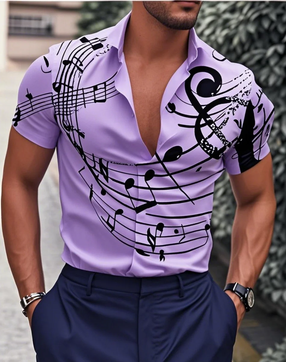 Camisa de hombre Patrón Camisa Texto Notas musicales Solapa Mangas cortas Camisa con botones estampados Diseñador de moda Casual Transpirable