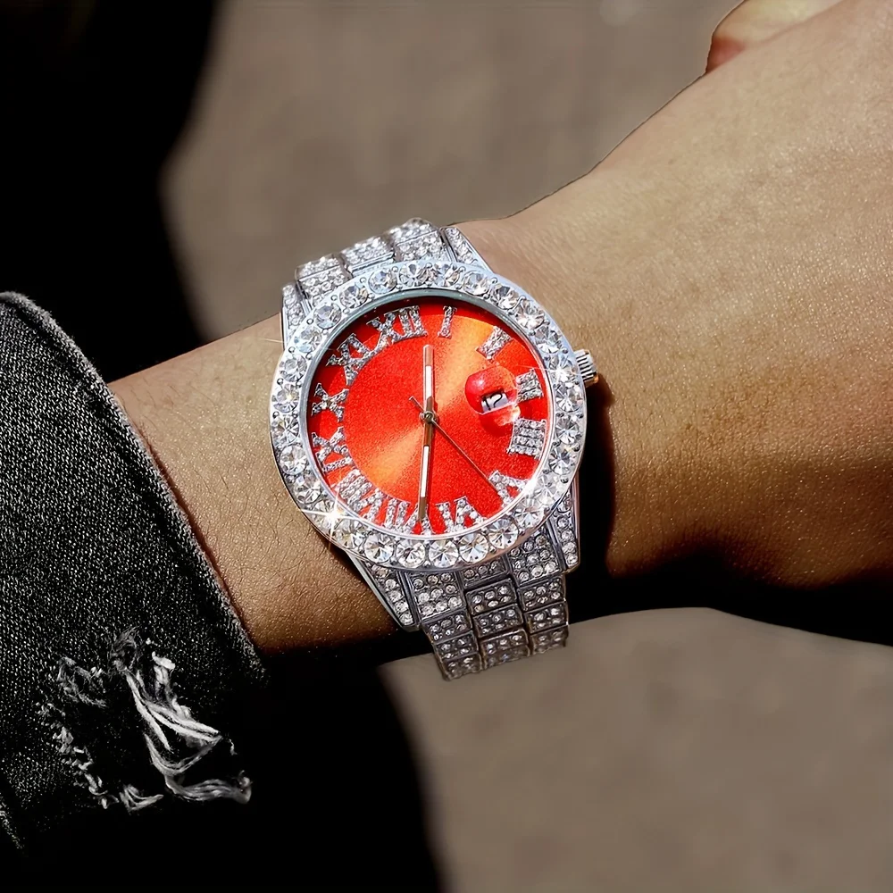 Set di orologi con strass hip hop in 3 pezzi, orologio al quarzo moda coppia per feste e street style