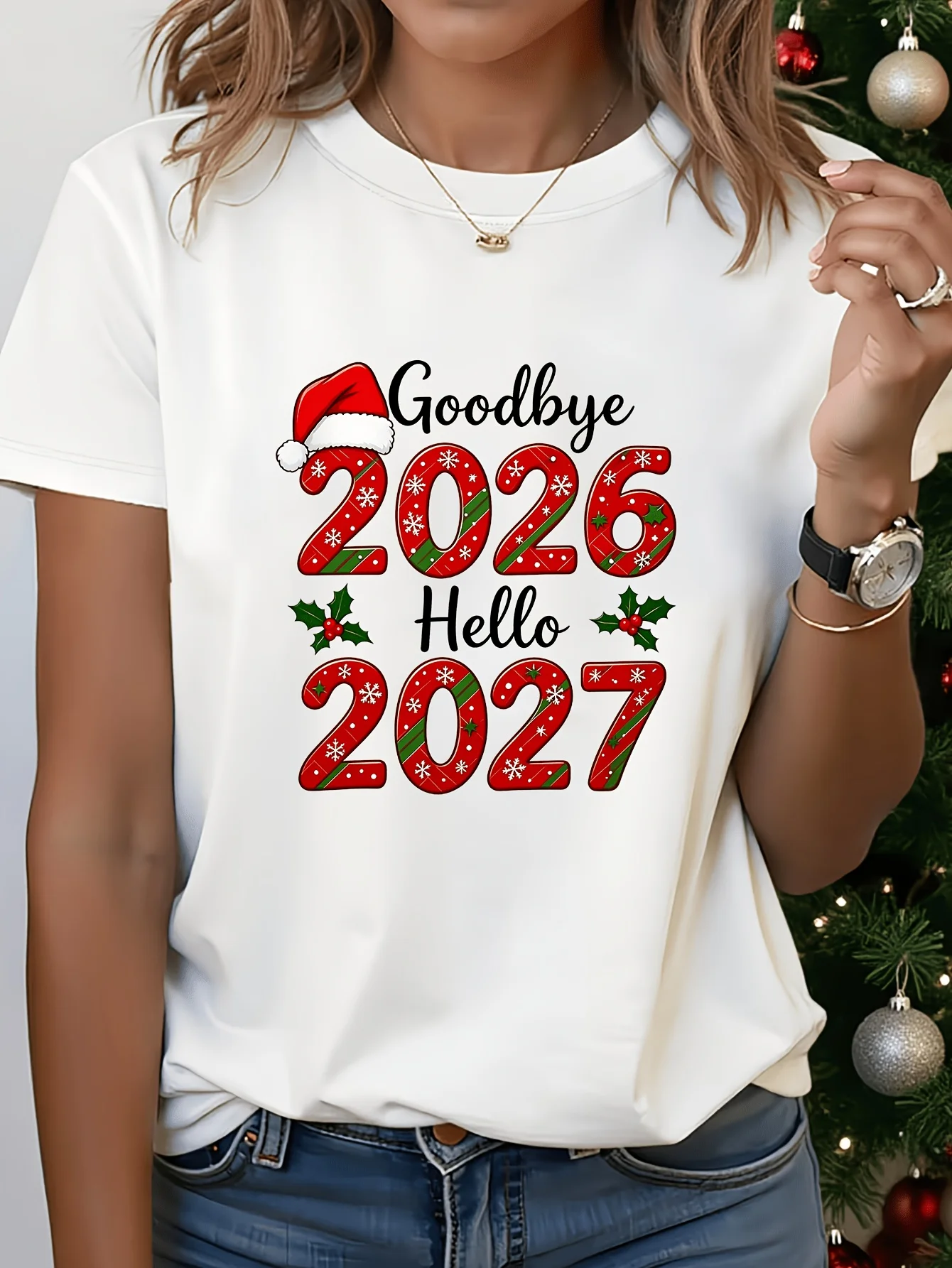 Goodbye 2026 Hello 2027 Christmas Holly New Year English Print Short Sleeve T Shirt Women's Casual Graphic T-shirt Clothes Femme