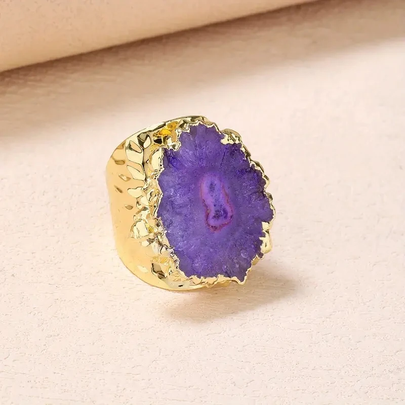 

YEEVAA Purple Natural Gemstone Quartz Geode Druzy Agate Ring Healing Crystal Adjustable Handmade Ring Jewelry Gift-1PC