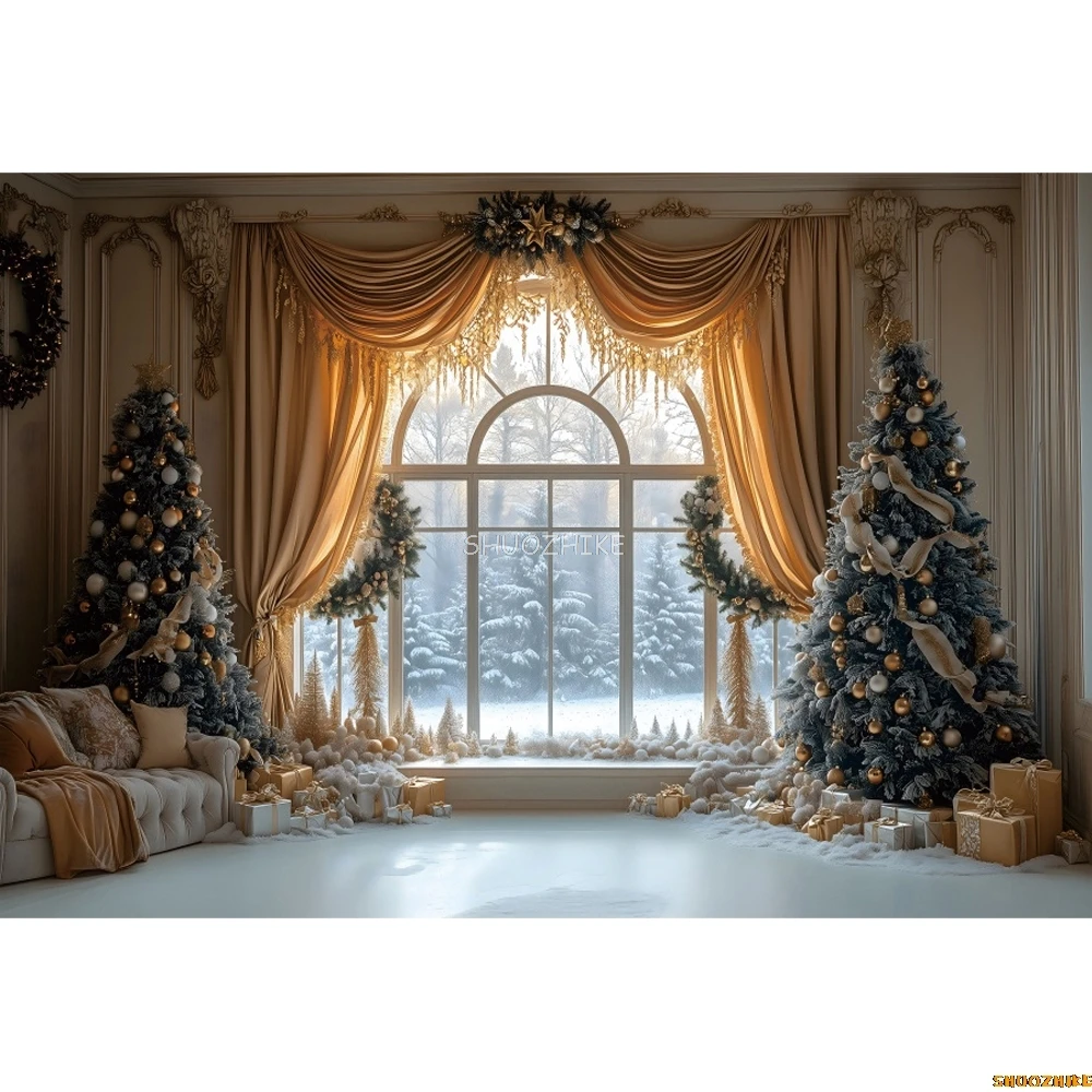 عيد الميلاد نافذة كبيرة خلفية شجرة عيد الميلاد الستار غرفة المعيشة الاطفال صورة الأسرة حفلة التصوير خلفية جدار ديكور الدعائم