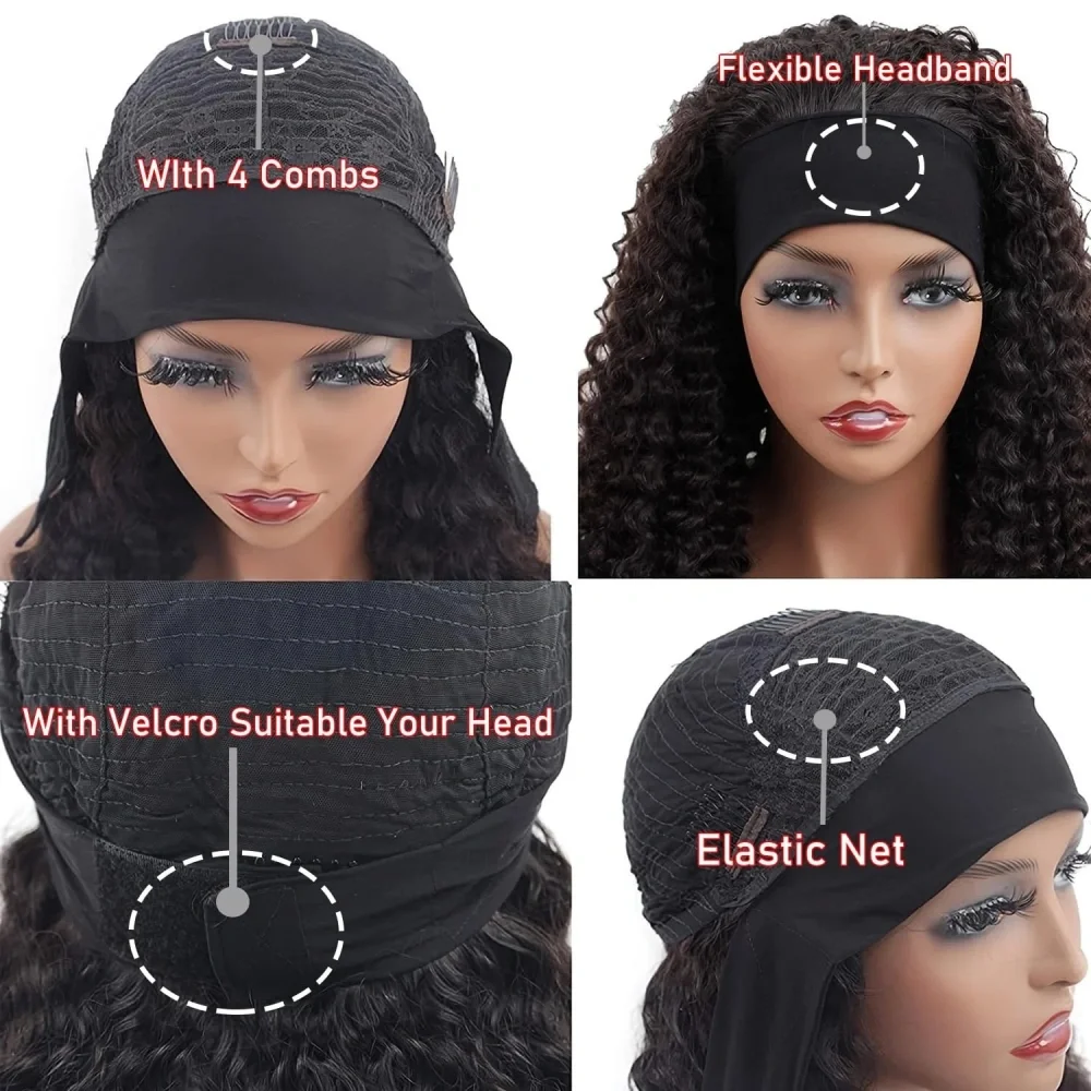Deep Curly Headband Wigs Human Hair Pull Go Glueless Wig Full Machine Made Deep Wave Headband Wig For Women 200% Density - view 6